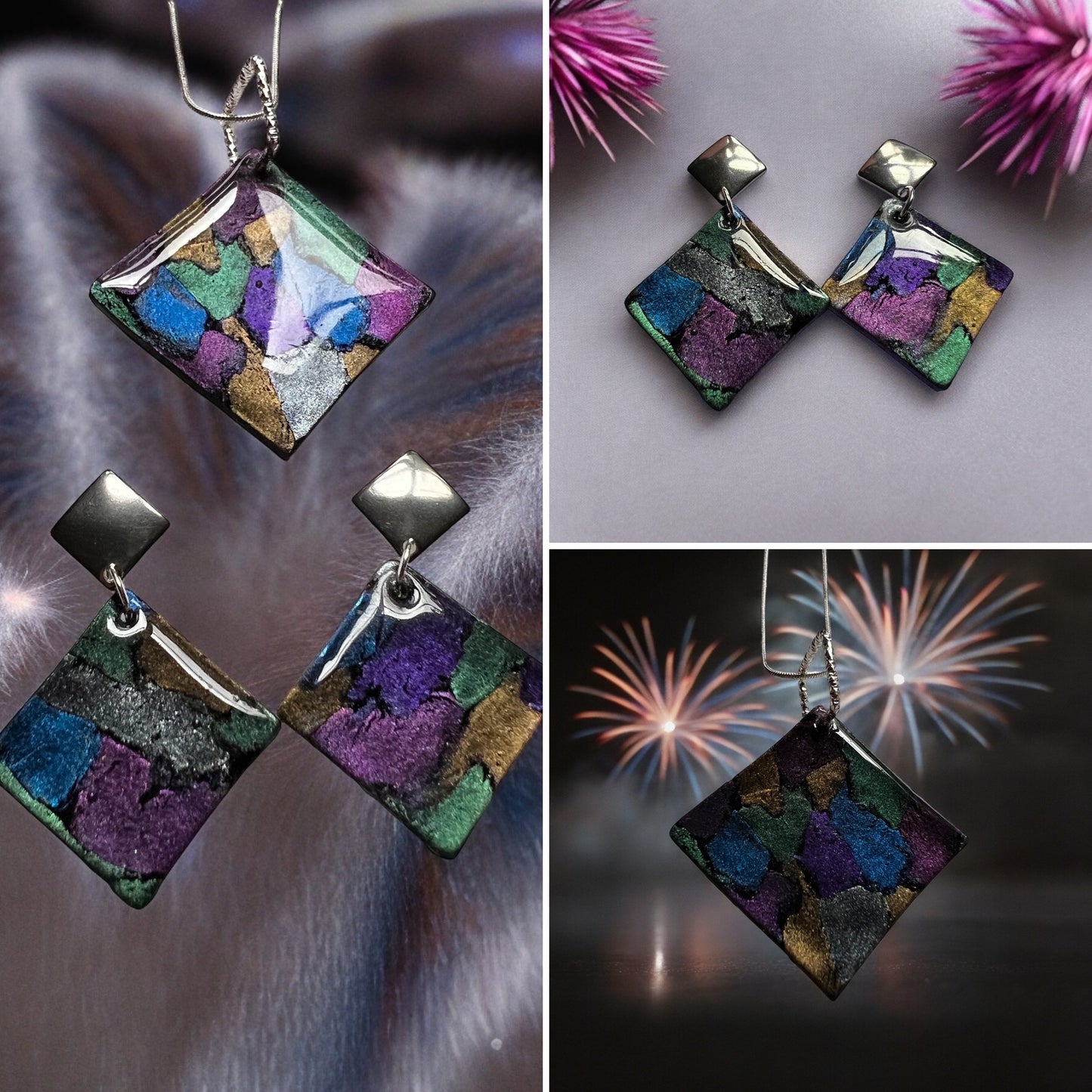 Stained glass diamond pendant & earrings