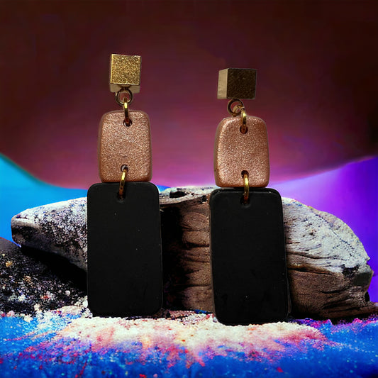 Gold square stud with dark leather and clay