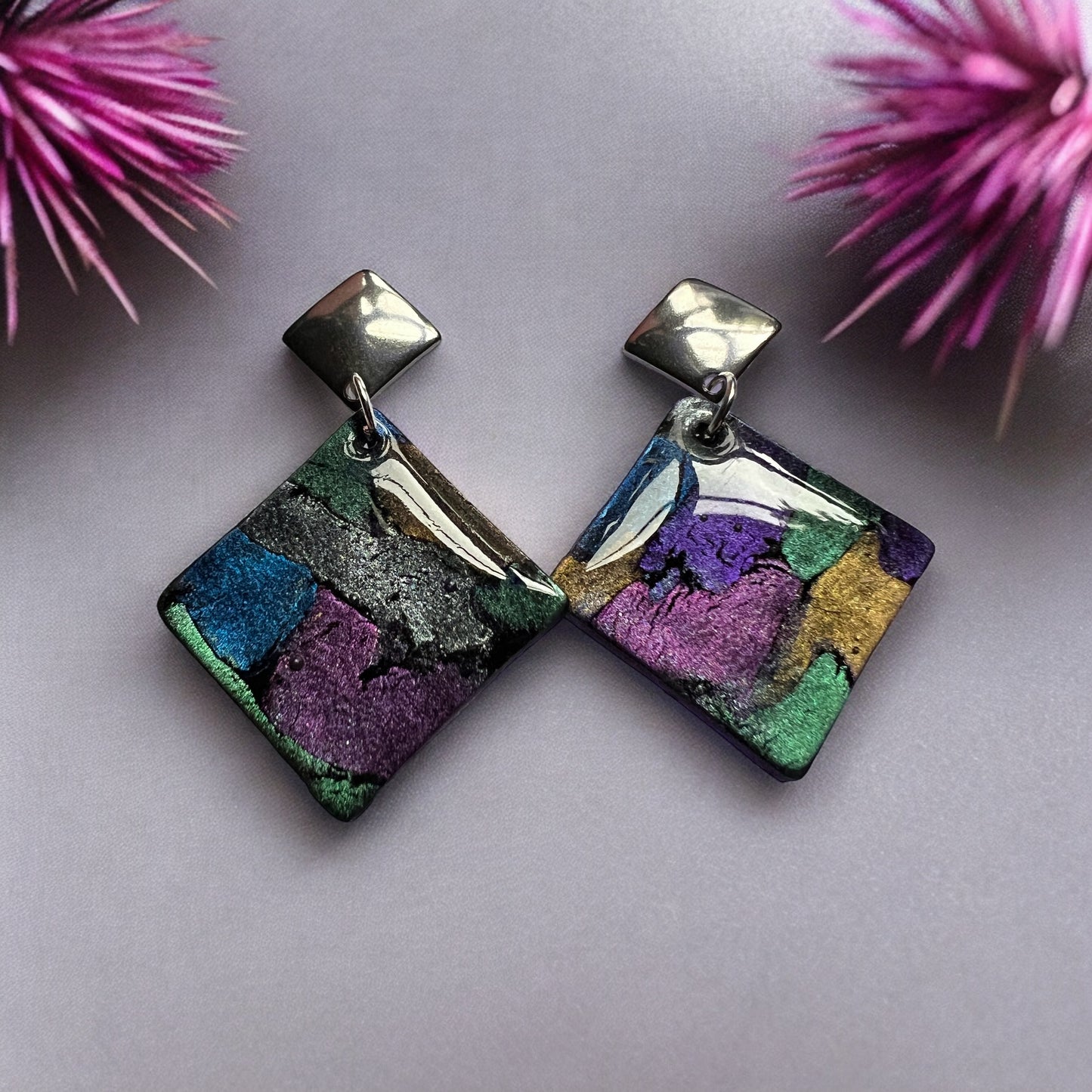 Stained glass diamond pendant & earrings