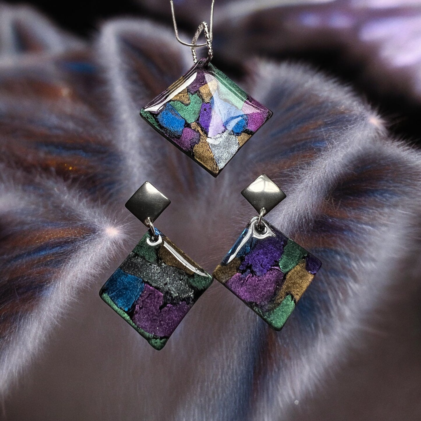 Stained glass diamond pendant & earrings