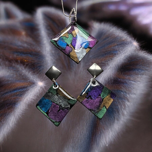 Stained glass diamond pendant & earrings